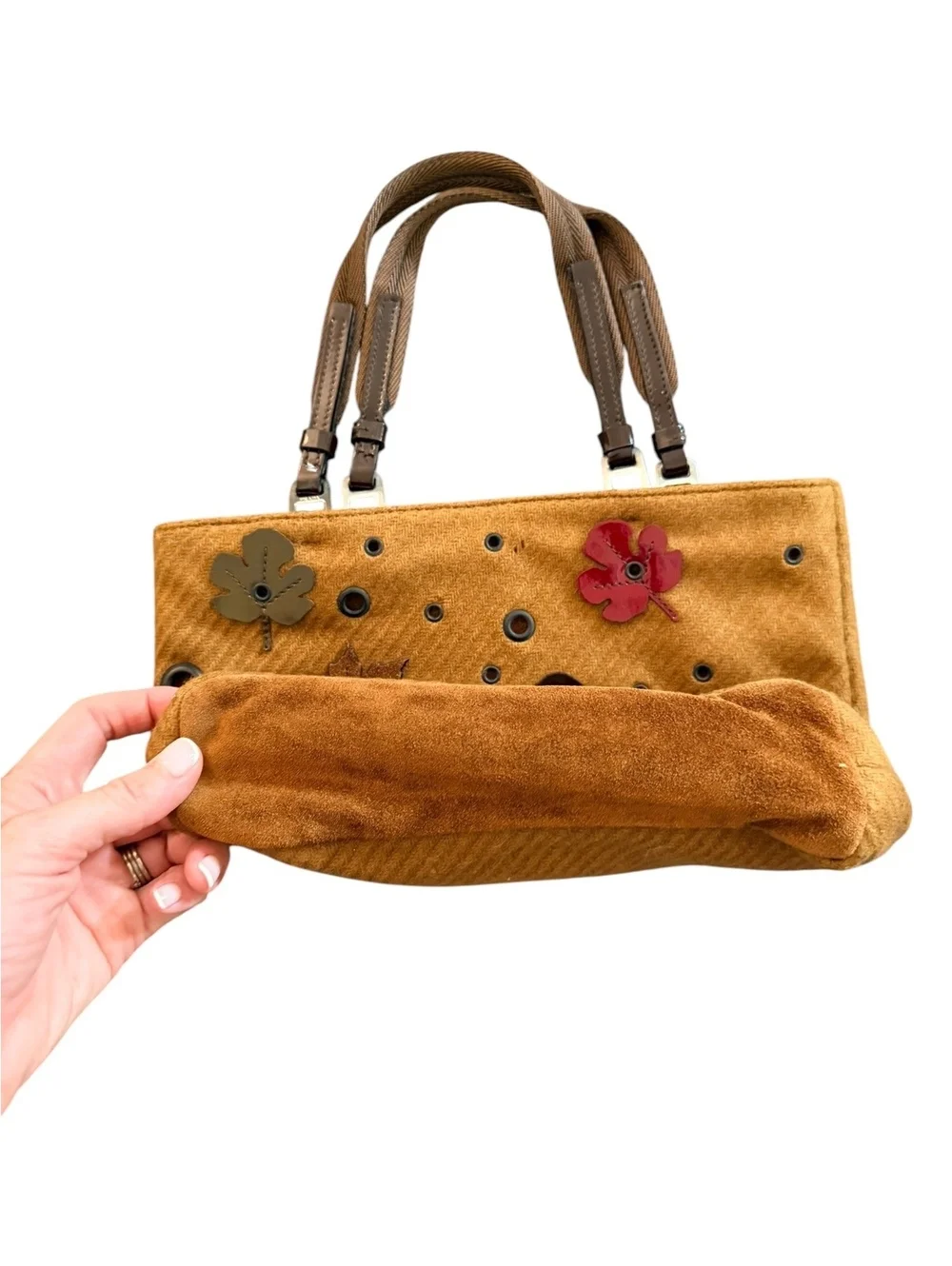 Authentic Prada FW1999 Appliqué Leaves Suede Wool Mesh Tote Bag Archive Vintage